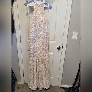 White Lace Halter Formal with Small Train and Sequined embellishments